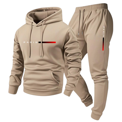 Conjunto Paris para hombre estilo casual con capucha y pantalón jogger beige, ideal para clima frío con forro térmico.