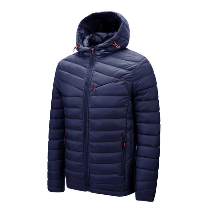 Men's navy blue hooded puffer jacket, lightweight and warm, with front zipper and quilted design. Ideal for winter and urban wear.