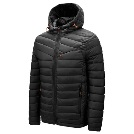 Men's black puffer jacket with hood, quilted design, and front zipper. Ideal for winter, available in various colors and sizes S to 2XL.