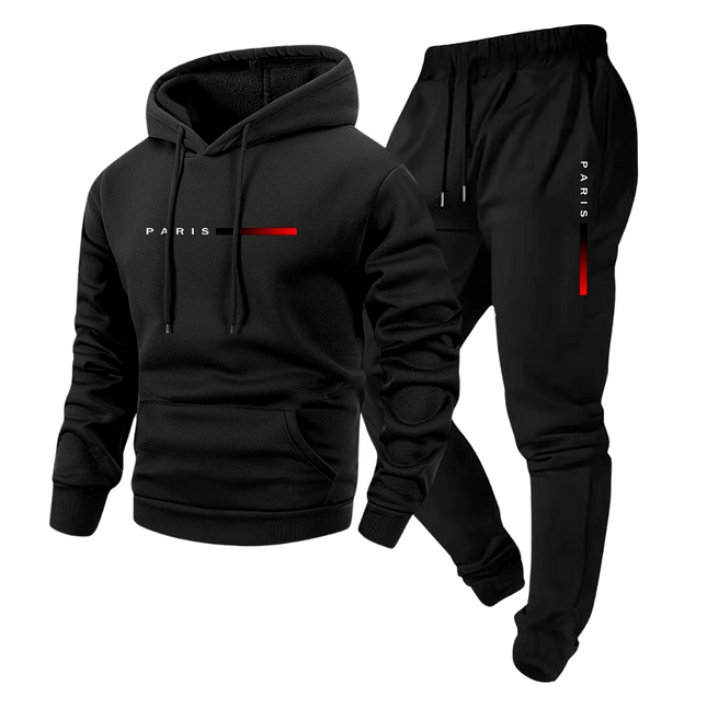 Conjunto Paris para hombre en negro, con buzo con capucha y pantalón jogger, ideal para días fríos con estilo y confort.