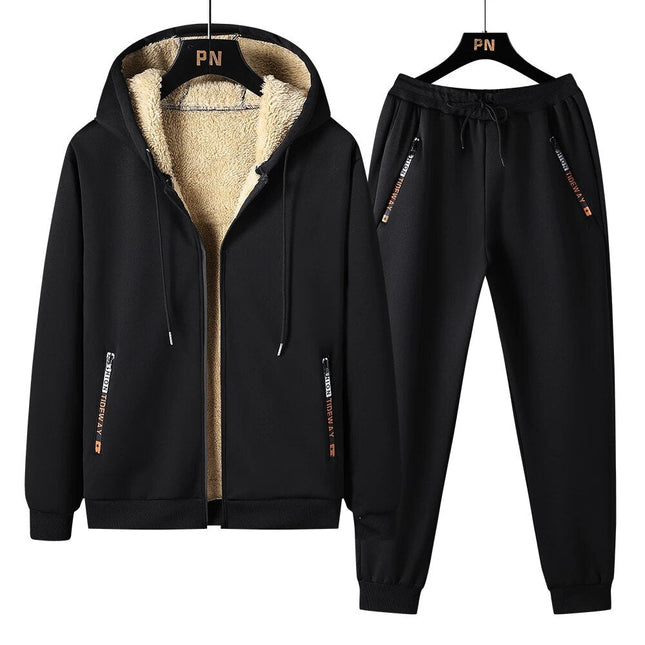 Conjunto de buzo y pantalón forrado en sherpa para hombre, negro con capucha y cierre frontal, ideal para invierno.