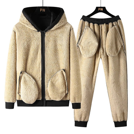 Men's sherpa-lined hoodie and pants set in beige, featuring a zip-front hoodie with hood and practical pockets, ideal for winter.