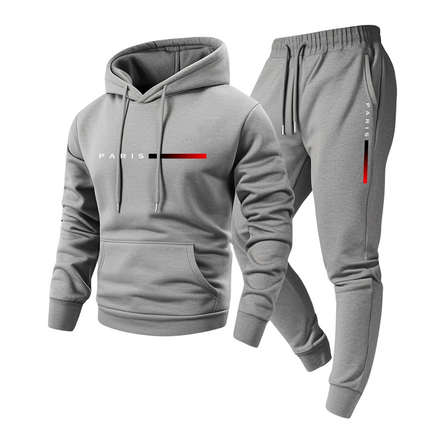 Conjunto Paris para Hombre con capucha y pantalón jogger gris, estilo moderno, ideal para el frío, tela gruesa y forro térmico.
