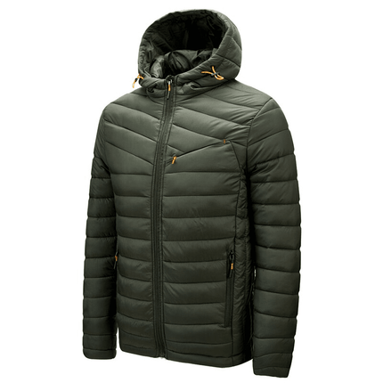 Campera Puffer con Capucha para Hombre en verde, estilo acolchado ligero, perfecta para invierno. Ideal para uso urbano o informal.