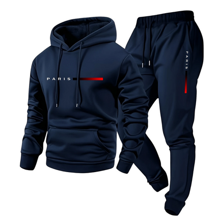 Conjunto Paris para hombre con buzo con capucha y pantalón jogger en azul, ideal para invierno por su abrigo y estilo moderno.