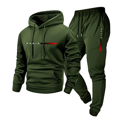 Conjunto Paris para hombre: buzo verde con capucha y pantalón jogger, estilo casual, komfort en frío, tela gruesa y forro térmico.