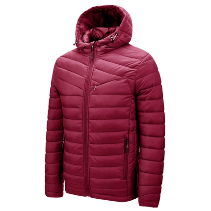 Red men's puffer jacket with hood, quilted design, and front zipper. Ideal for winter, available in various sizes. Perfect for casual outings.