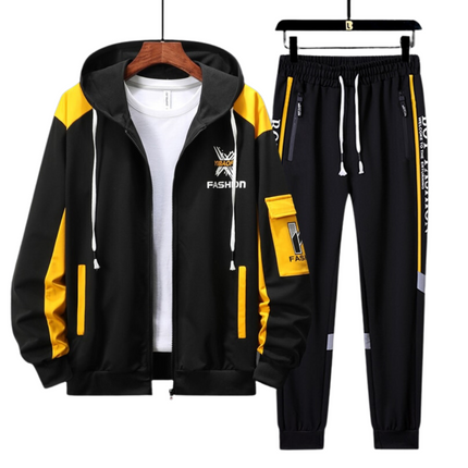 Conjunto deportivo urbano para hombre, chaqueta con capucha y pantalón negro y amarillo, estilo moderno y confort.