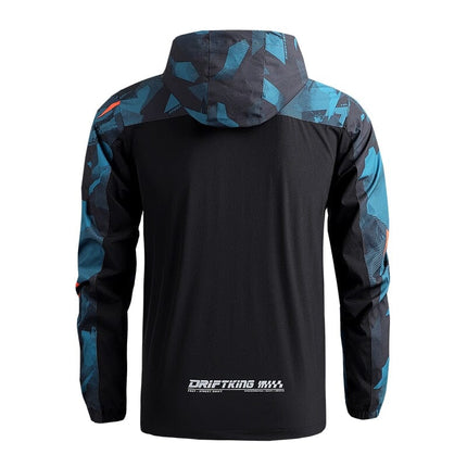Men's short windbreaker jacket with blue camo design and adjustable hood, ideal for urban use. Available in blue, black, and grey.