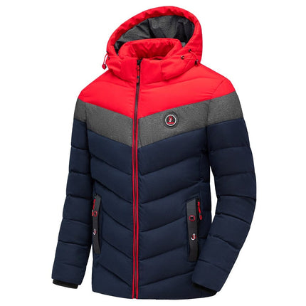 Men's Antarctic OutWear Thermal Jacket in red and navy, designed for extreme cold up to -10°C with adjustable hood and insulated padding.