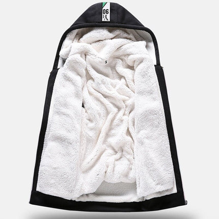 White plush jacket with black trim and hood, displayed open to show interior texture, perfect for winter warmth and comfort.