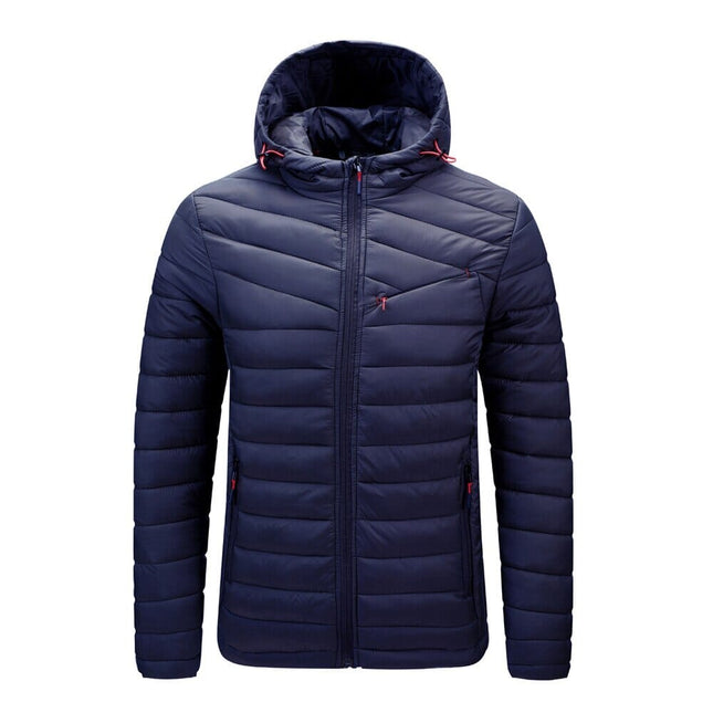 Campera puffer azul con capucha para hombre, ideal para invierno, disponible en talles S-2XL, con diseño moderno y acolchado.