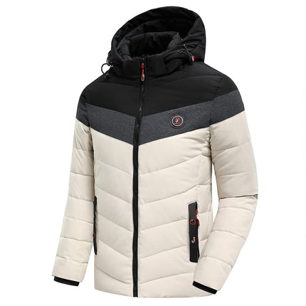 Campera térmica Antarctic OutWear para hombre, blanca y negra, ideal para hasta -10°C, con capucha ajustable y diseño acolchado.