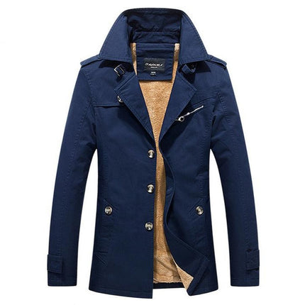 Stylish navy blue Campera Braga jacket with button closure and brown lining, perfect for a chic and sophisticated look.