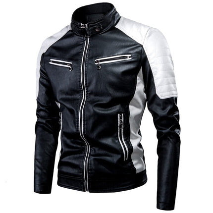 Campera de cuero Cricova para hombre, estilo biker urbano, negra con detalles blancos y cierre frontal reforzado.