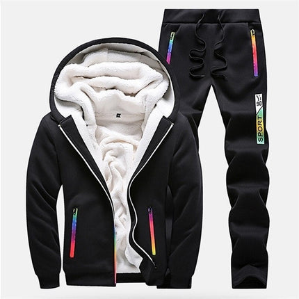 Conjunto de buzo y pantalón de polar para hombre, negro con detalles coloridos, ideal para días fríos, cómodo y moderno con capucha forrada.