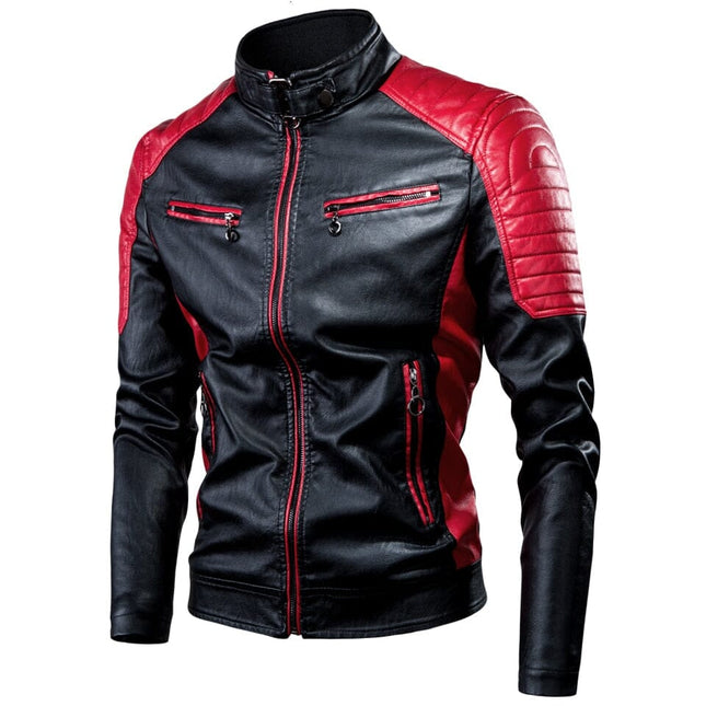 Campera de cuero Cricova para hombre en negro y rojo, estilo biker urbano con cierre frontal y detalles contrastantes.