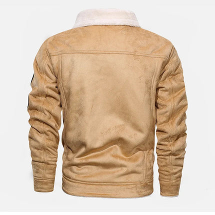 Back view of men's leather jacket with shearling collar, showcasing genuine cowskin material.