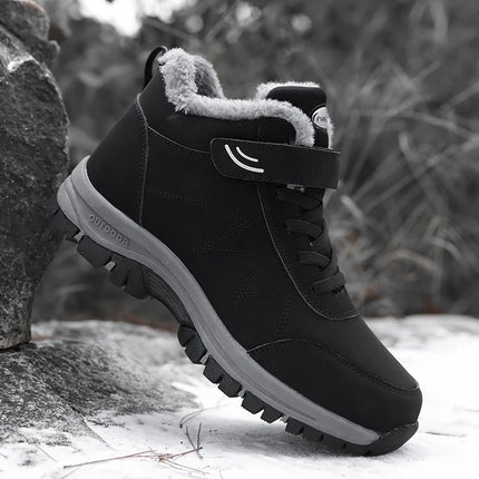 Black waterproof snow boots with faux fur lining and non-slip sole, perfect for winter outdoor activities.