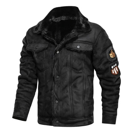 Men's black cow leather jacket with embroidered patches, featuring double breast pockets and fur collar.