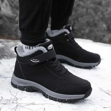 Warm waterproof anti-slip snow boots worn on snowy path