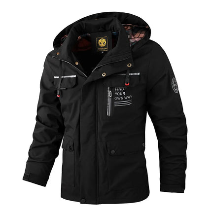 Men's waterproof hooded windbreaker jacket with reflective details in black.