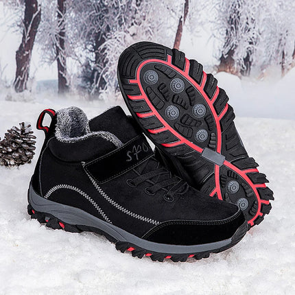 Warm winter women's boots with fur lining, black color, snow background, featuring non-slip soles, perfect for cold weather.