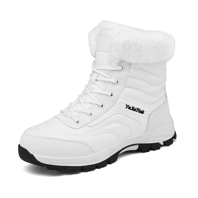 Warm men's hiking boot with white fur lining and sturdy sole, ideal for cold weather trekking.