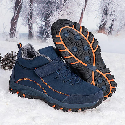 Blue women's winter boots with fur lining and rugged soles, designed for warmth and traction in snowy conditions.