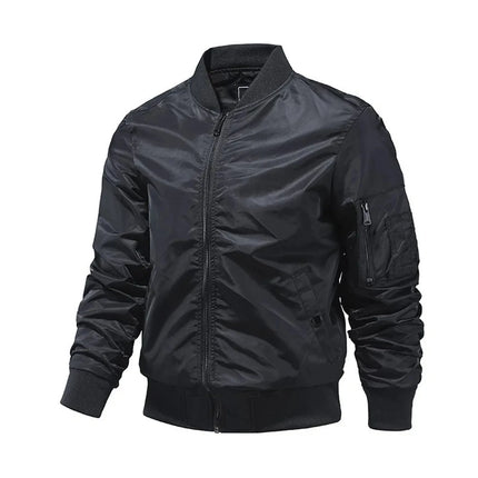 Men's black bomber jacket with zipper and pocket detailing, featuring a classic collar style.