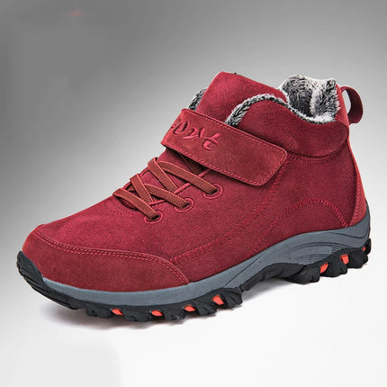Warm women's winter boots, red color with faux fur lining, durable sole, perfect for cold weather and outdoor activities.