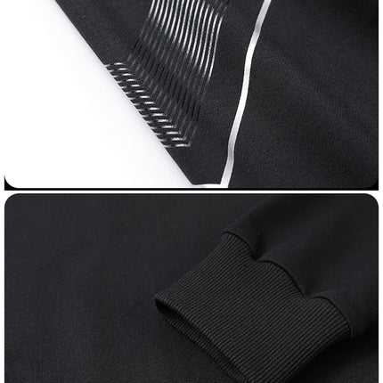 Close-up of black trucker jacket detail showcasing minimalist design, ribbed cuffs, and subtle stripe pattern for urban style.