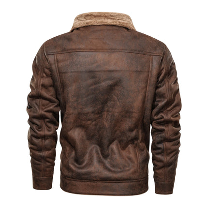 Brown leather jacket for men, rear view, featuring premium cowhide material and a stylish collar.