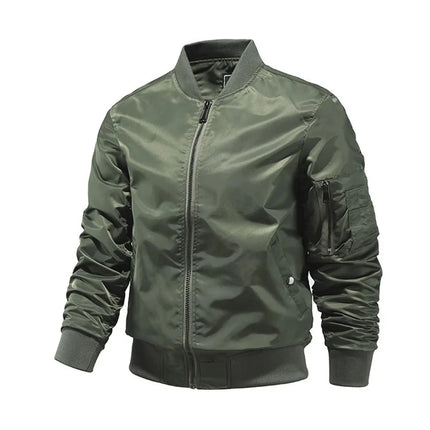Green men's bomber jacket with zippered front and ribbed cuffs, perfect for casual wear.