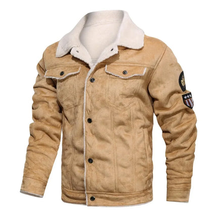 Men's bovine leather jacket with fleece lining and patches, stylish tan outerwear for men.