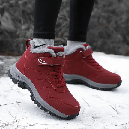 Durable anti-slip waterproof red snow boots with warm lining, perfect for winter conditions.