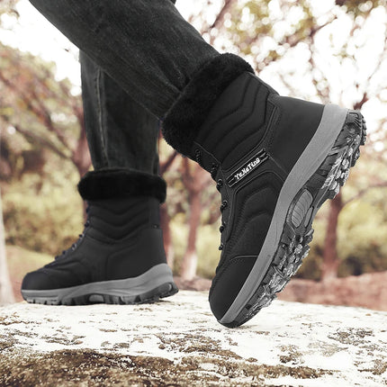 Men's warm hiking boots with fur lining, durable sole, and black design, perfect for outdoor trekking.