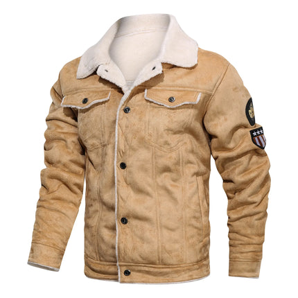 Men's cowhide leather jacket with shearling collar, featuring front pockets and embroidered sleeve patches.