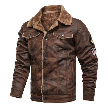 Men's cowhide leather jacket with fur collar and patches, stylish and rugged outerwear for men.