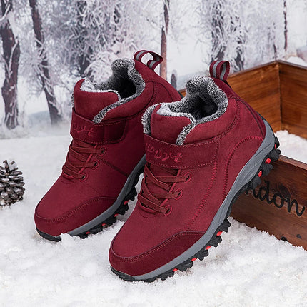Botas cálidas de invierno para mujeres en color burdeos con suela antideslizante para climas fríos, ideales para nieve.