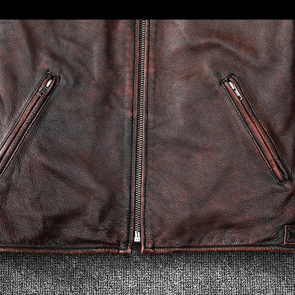 Men's 100% cowhide leather jacket with zippered pockets, showcasing durable craftsmanship and classic design.
