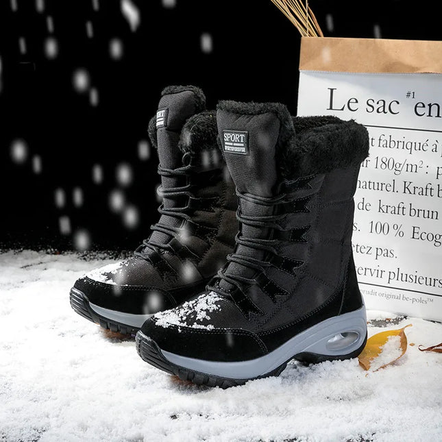 High-quality women's winter boots with fur lining, black color, snow background, outdoor footwear for cold weather protection.