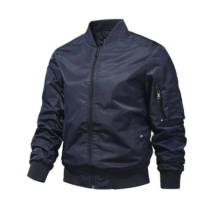 Men's navy blue bomber jacket with zippered pocket, stylish outerwear for casual wear.
