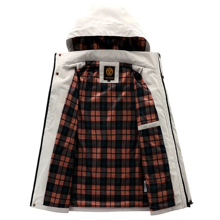 Campera cortavientos impermeable con capucha para hombre, interior a cuadros