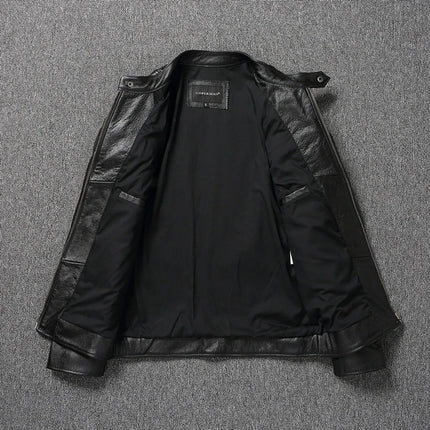 Men's 100% cowhide leather jacket, open to show black inner lining against gray background