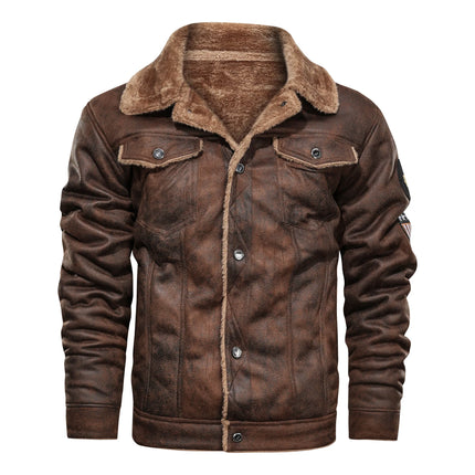 Men's cow leather jacket with fur collar, brown color, stylish outerwear for men.