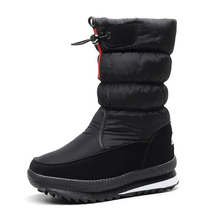 Women's waterproof synthetic leather snow boot, black with padded design, for winter wear.