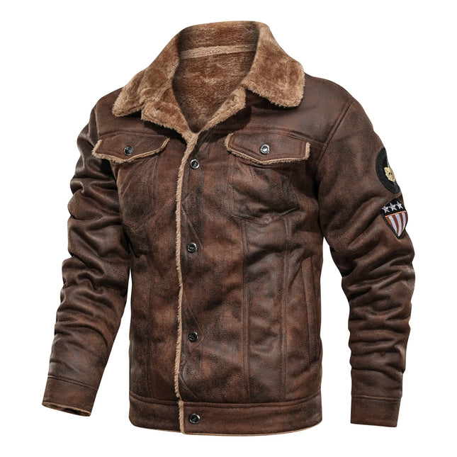 Men's genuine leather jacket with faux fur lining and patch details, stylish and warm outerwear for men.