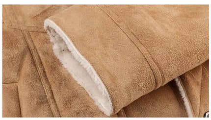 Close-up of a camel-colored men's sheepskin leather jacket showing inner shearling lining detail.