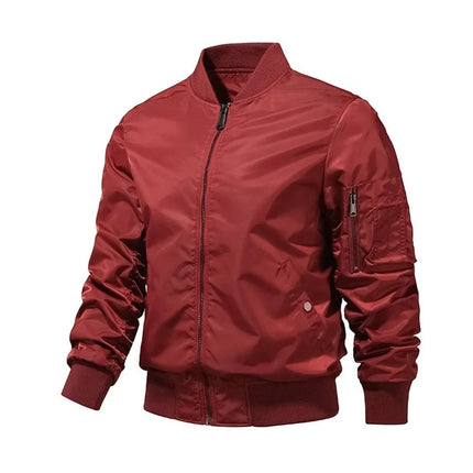 Men's red bomber jacket with zippered front and pocket detailing, perfect for casual and stylish outfits.